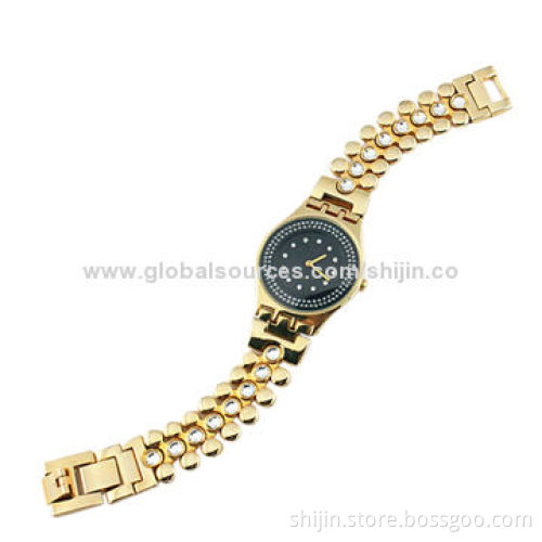 Fashionable Watch with Alloy Case and Black Dial, Golden, for Ladies, OEM